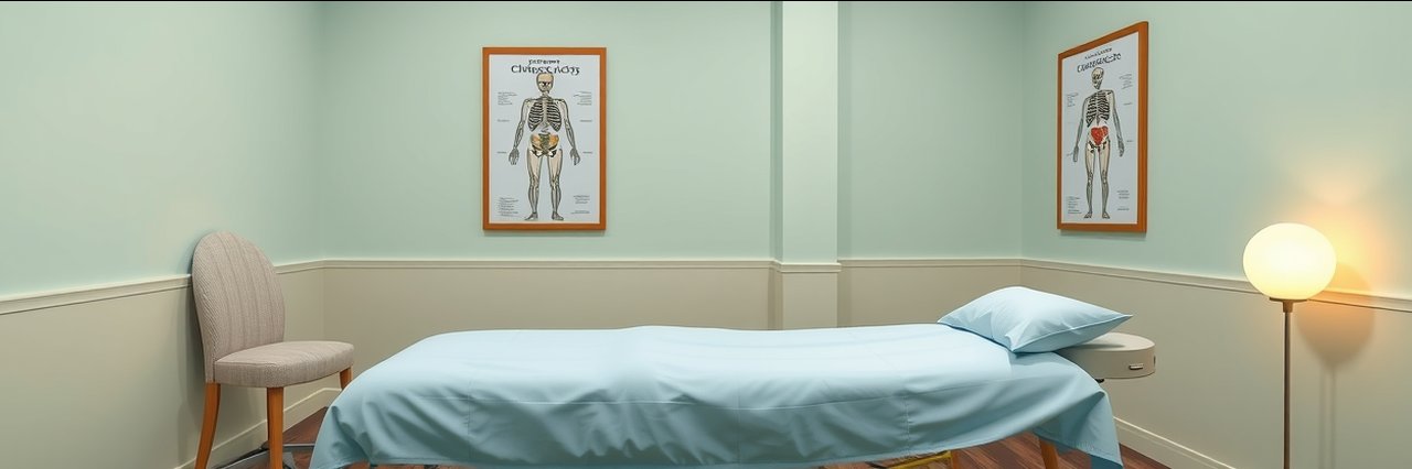 Calm pediatric chiropractic care room with massage table and anatomical posters