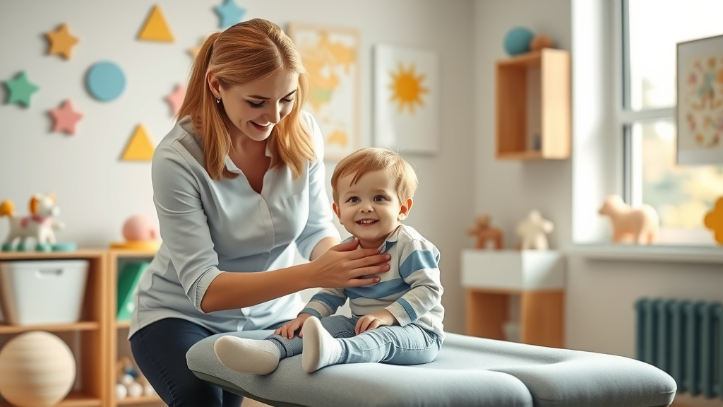 Pediatric chiropractor gently adjusts smiling child in a comforting, kid-friendly clinic.