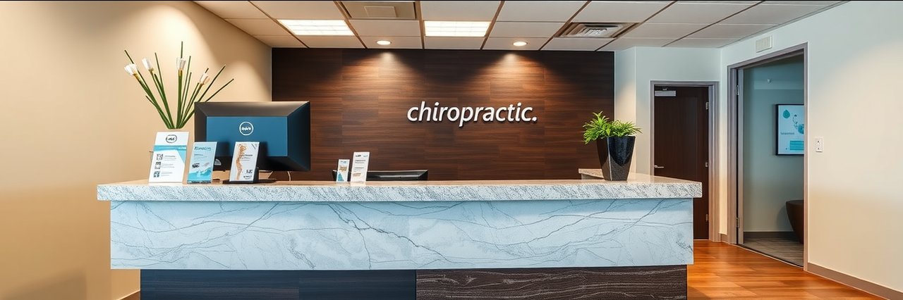 Modern chiropractic clinic reception area with NUCCA care brochures on stone desk.