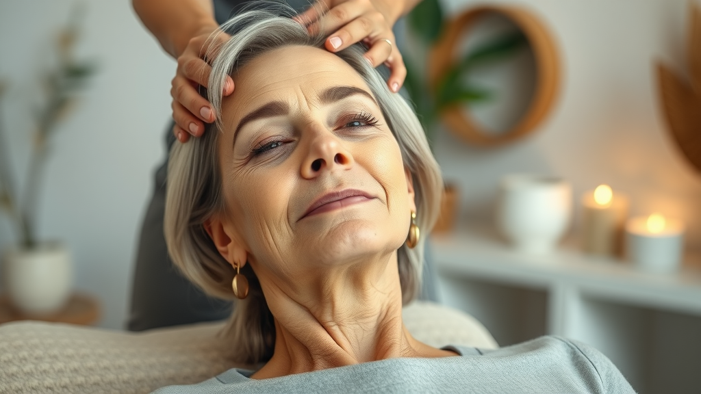 Middle-aged woman experiencing natural pain relief during chiropractic therapy session