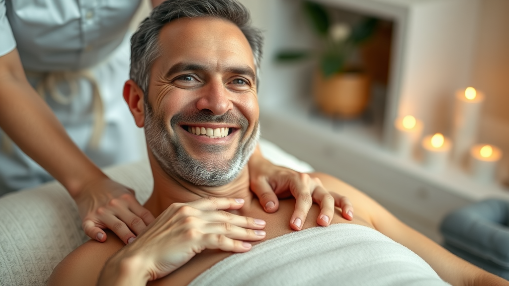 Massage therapy providing natural pain relief to mature man in relaxing clinic