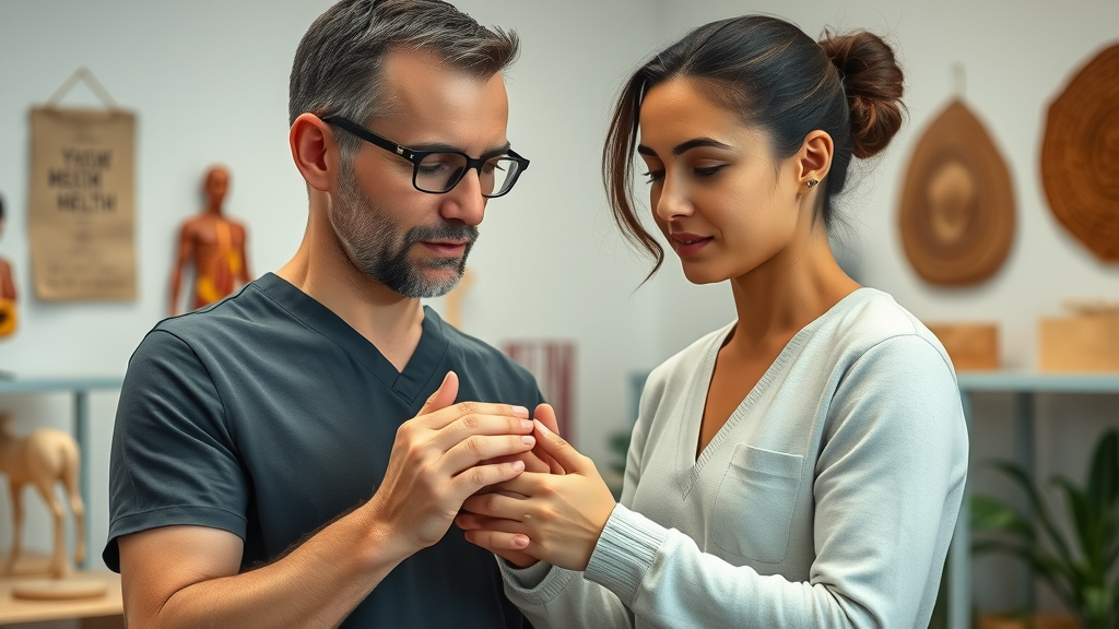 Chiropractor and patient discuss natural pain relief in modern wellness clinic
