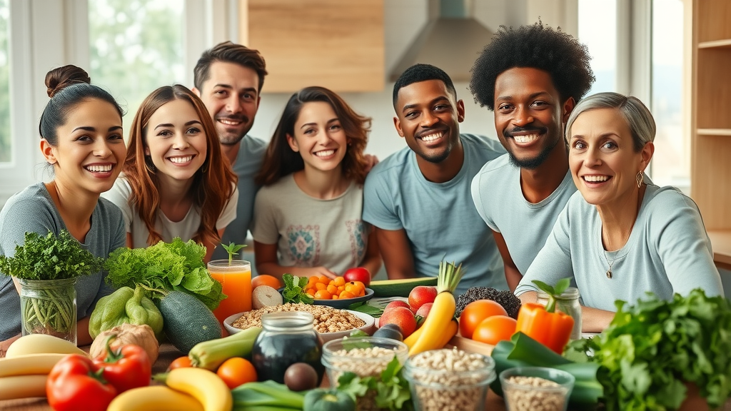 Diverse family enjoying nutritional counseling wellness meal together in a bright kitchen.