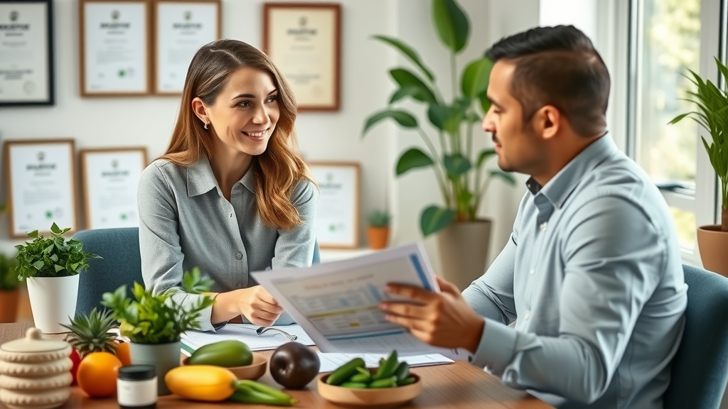 Nutritionist providing nutritional counseling wellness advice in a welcoming office setting.