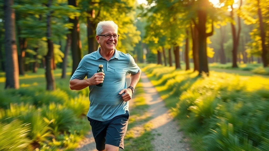 Energetic man jogging in morning sun after nutritional counseling wellness support.