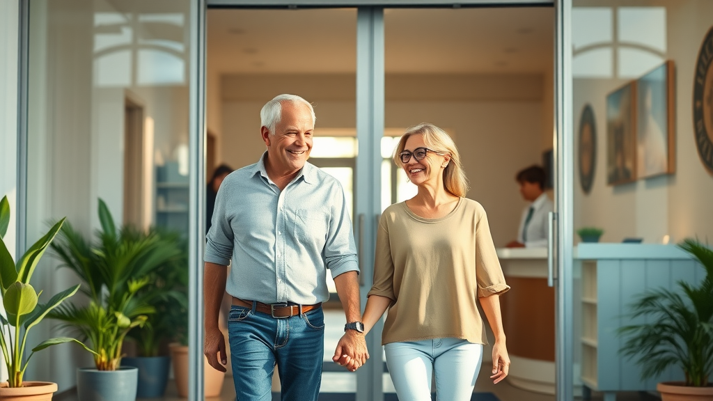 Happy chiropractic care Rockford patients leaving clinic after successful treatment.