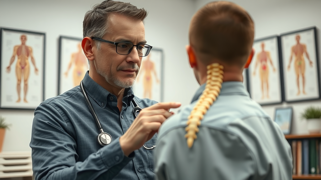 Rockford chiropractor educates patient with spinal model in modern consultation room.