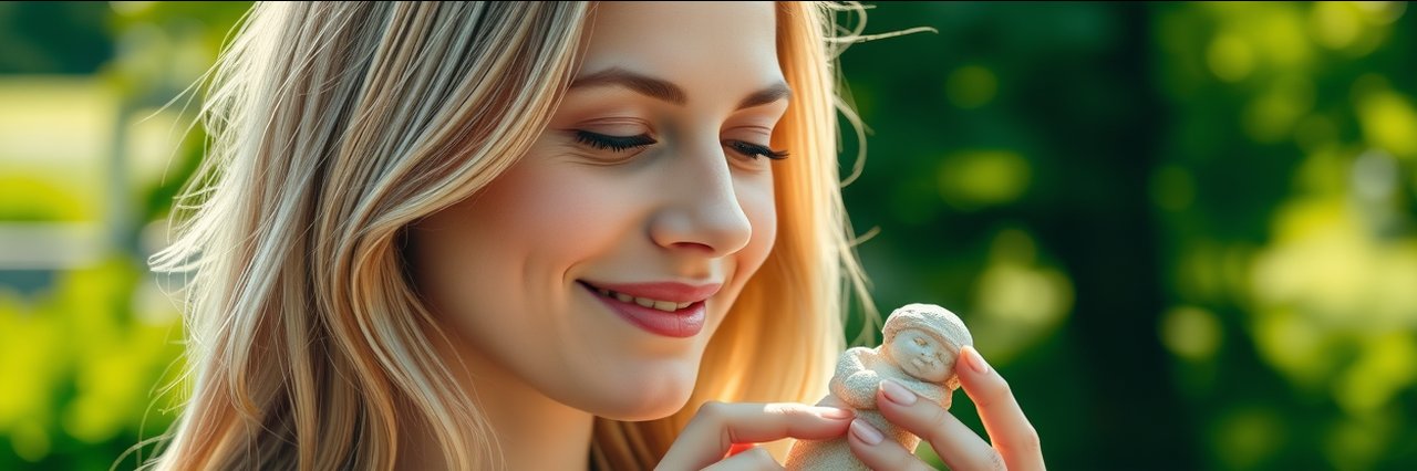 Young woman smiling holding a holistic figurine outdoors, holistic health care