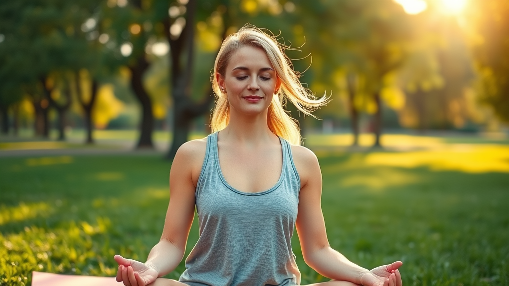 Holistic health care wellness meditation outdoors in a sunlit green park