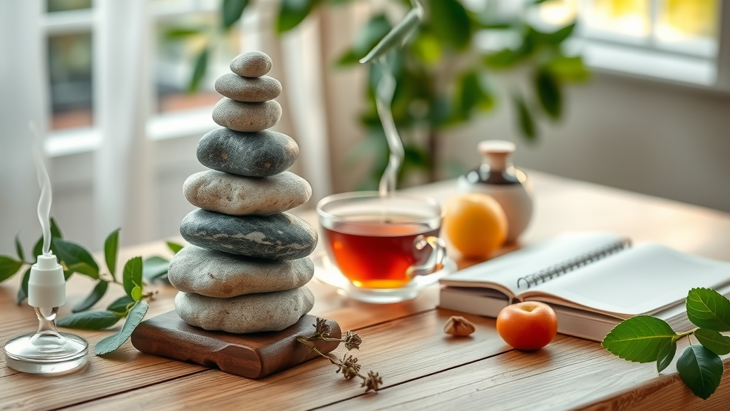 Holistic health care still life with tea, stones, fruit, and calming spa elements