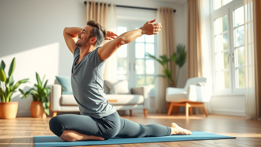 Person practices stretching for back neck treatment and long-term spine health at home.
