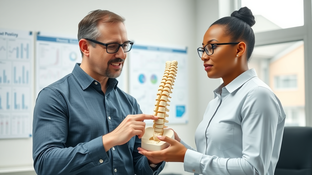 Back neck treatment expert explains spinal care to patient with 3D model in clinic.